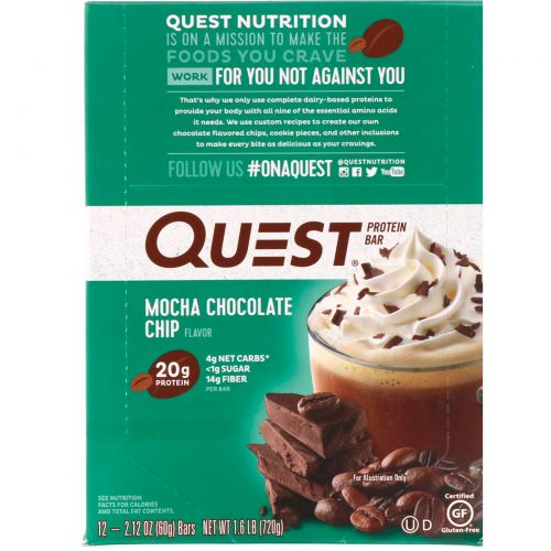 Quest Nutrition, QuestBar, протеиновый батончик, с шоколадной стружкой мокка, 12 батончиков, 2,12 унции (60 г) каждый