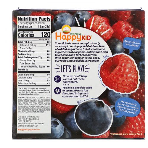 Nurture Inc. (Happy Baby), Happy Kid, Blueberry + Raspberry, Fruit & Oat Bar, 5 Bars, 0.99 oz (28 g) Each