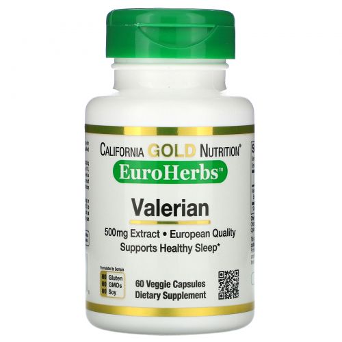 California Gold Nutrition, Валериана, EuroHerbs, 500 мг, 60 вегетарианских капсул