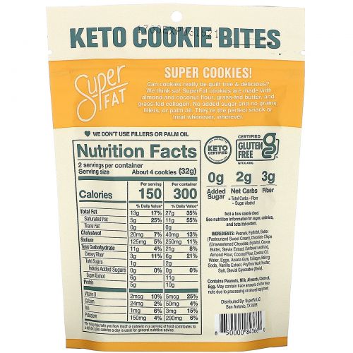 SuperFat, Keto Cookie Bites, Peanut Butter Chocolate Chip, 3 Packs, 2.25 oz(64g) Each