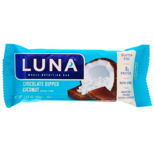Clif Bar, Luna, Whole Nutrition Bar for Women, Chocolate Dipped Coconut, 15 Bars, 1.69 oz (48 g) Each