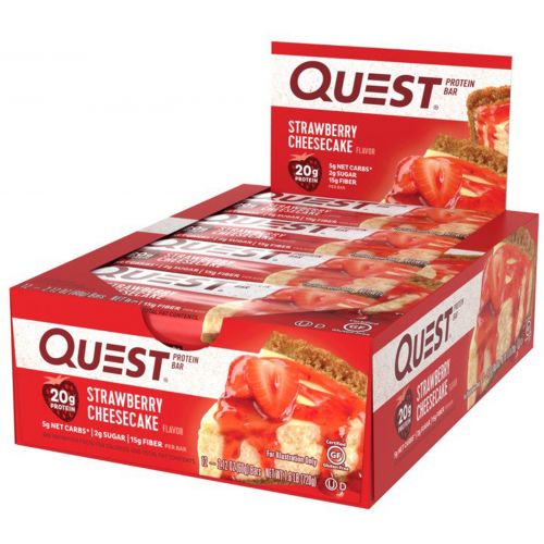 Quest Nutrition, QuestBar, протеиновый батончик, клубничный чизкейк, 12 батончиков, 2,1 унции (60 г) каждый