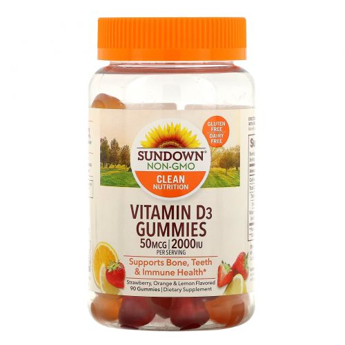 Sundown Naturals, Витамин D3, со вкусом клубники, апельсина и лимона, 2000 МЕ, 90 желейных витаминов