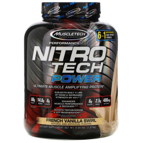 Muscletech, Nitro Tech Сила, совершенный протеин для укрепления мышц, французская ваниль, 1,81 кг (4,00 фунта)