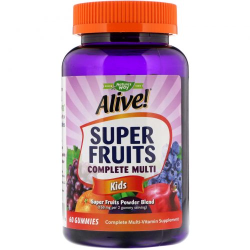 Nature's Way, Alive! Super Fruits Complete Multi, комплекс витаминов для детей, гранат и вишня, 60 жевательных таблеток