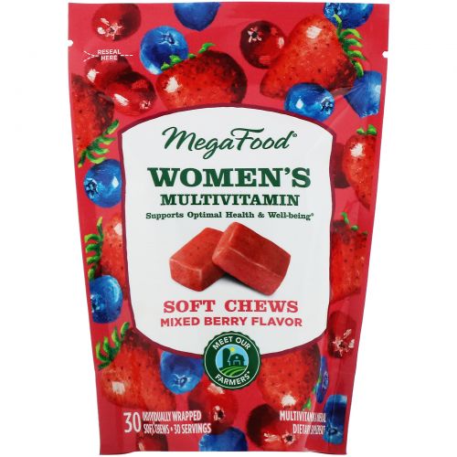 MegaFood, Мультивитамины для женщин в жевательных пастилках, ягодное ассорти, 30 жевательных пастилок в индивидуальной упаковке