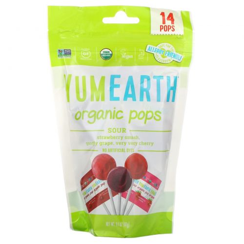 YumEarth, Organics, кислые леденцы, с разными вкусами, 14 леденцов, 3 унции (85 г)