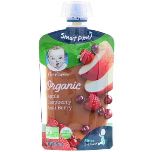 Gerber, Smart Flow  Sitter 2nd Foods, Organic, Apple, Raspberry, Acai Berry, 3.5 oz (99 g)