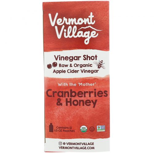 Vermont Village Vinegar Shots, Organic, Apple Cider Vinegar Shot, Cranberries & Honey, 12 Pack, 1 oz (28 g) Each