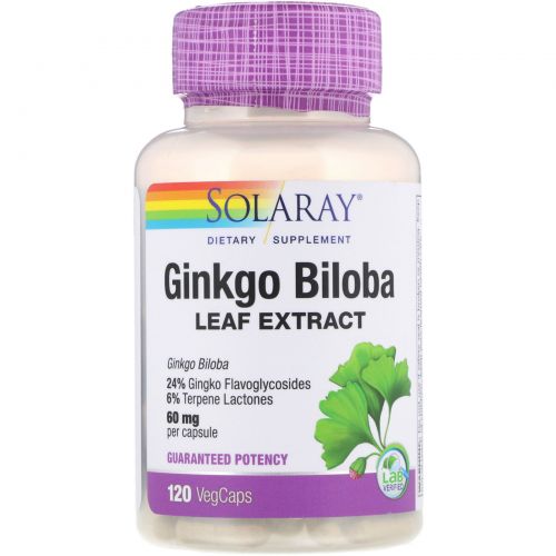 Solaray, Экстракт листьев гинкго билоба, 60 мг, 120 капсул с оболочкой из ингредиентов растительного происхождения