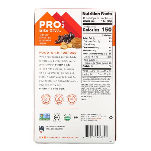 ProBar, Bite, Organic Snack Bar, Peanut Butter Chocolate Chip , 12 Bars, 1.3 oz (37 g) Each