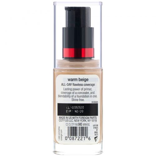 Covergirl, Outlast All-Day Stay Fabulous, тональная основа 3 в 1, оттенок 845 «Теплый бежевый», 30 мл (1 жидк. унция)