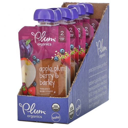 Plum Organics, Organic Baby Food, Stage 2, Apple, Plum Berry & Barley, 6 Poches, 3.5 oz (99 g) Each