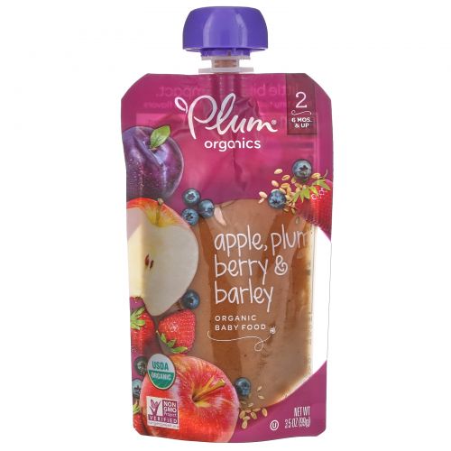 Plum Organics, Organic Baby Food, Stage 2, Apple, Plum Berry & Barley, 6 Poches, 3.5 oz (99 g) Each