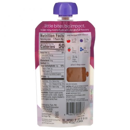 Plum Organics, Organic Baby Food, Stage 2, Apple, Plum Berry & Barley, 6 Poches, 3.5 oz (99 g) Each