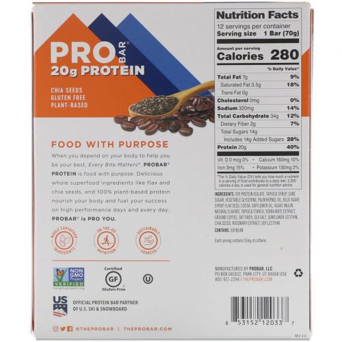 ProBar, Base, 20 g Protein Bar, Coffee Crunch, 12 - 2.46 oz (70 g) Each