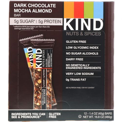 KIND Bars, "Орехи со специями", с темным шоколадом, мокко и миндалем, 12 батончиков по 1.4 унций (40 г)