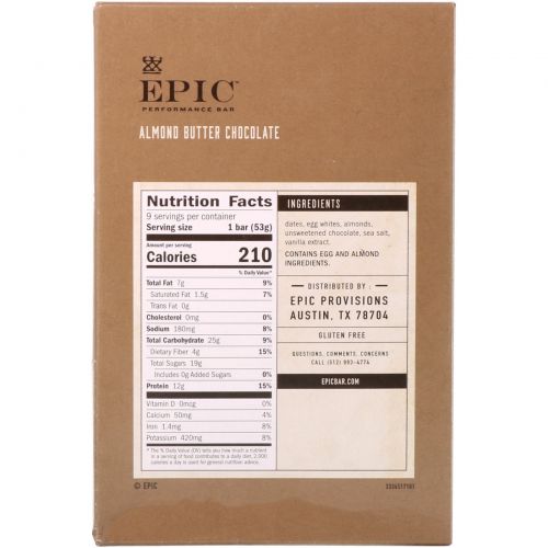 Epic Bar, Performance Bar, Almond Butter Chocolate, 9 Bars, 1.87 oz (53 g) Each