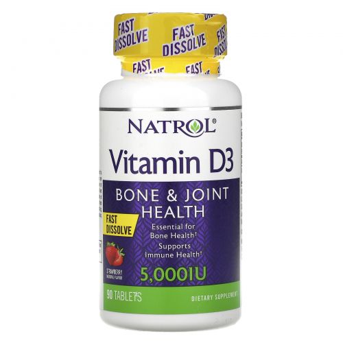 Natrol, Витамин D3, быстрого растворения, с ароматом клубники натурального происхождения, 5000 МЕ, 90 таблеток