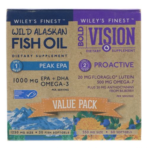 Wiley's Finest, Bold Vision, Proactive & Wild Alaskan Fish Oil, Peak EPA, Value Pack, 550 mg & 1250 mg, 60 Softgels & 30 Softgels