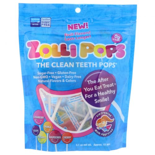 Zollipops , The Clean Teeth Pops, клубника, апельсин, малина, вишня, виноград, ананас, примерно 15 леденцов ZolliPops, 3,1 унции