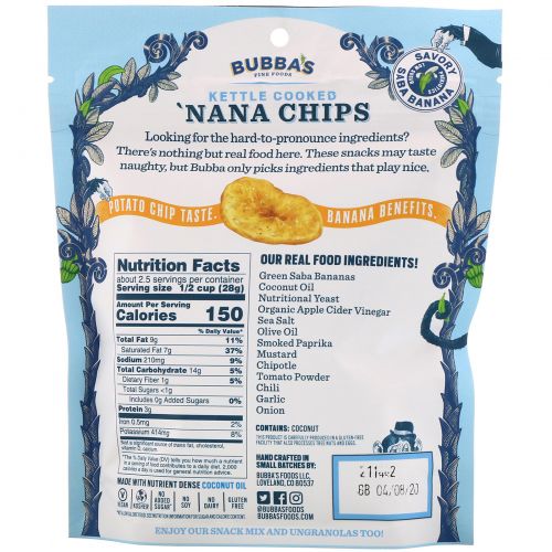 Bubba's Fine Foods, Банановые чипсы Мачо-Начо, 2,7 унций (77 г)