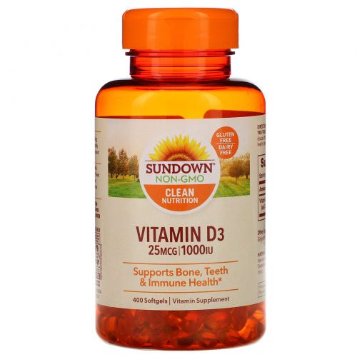 Sundown Naturals, Высокоэффективный витамин D3, 1000 МЕ, 400 гелевых капсул