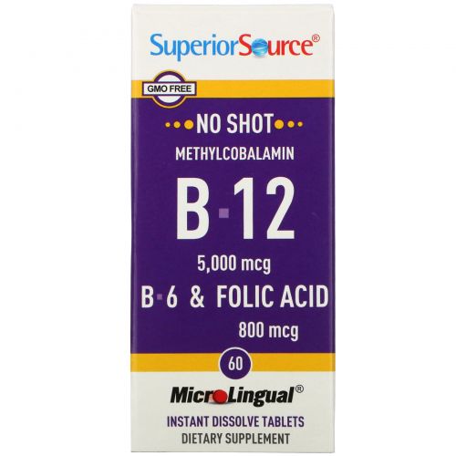 Superior Source, Метилкобаламин B12, 5000 мкг, B-6 и фолиевая кислота 800 мкг, 60 таблеток МикроЛингвал