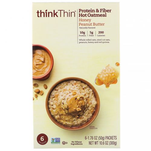 ThinkThin, Овсянка с протеинами и клетчаткой для приготовления горячих блюд, арахисовая паста с медом, 6 пакетов по 50 г (1,76 унции)