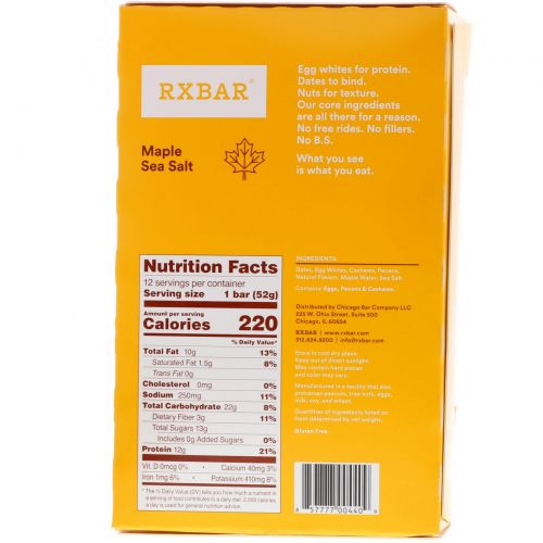 RXBAR, Protein Bars, Maple Sea Salt, 12 Bars, 1.83 oz (52 g) Each