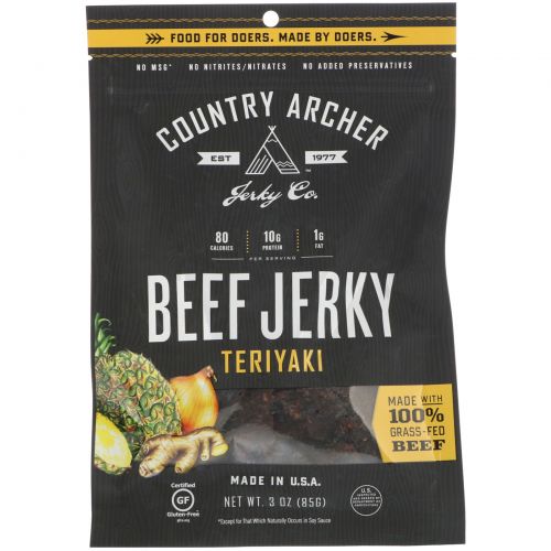 Country Archer Jerky, Абсолютно натуральная вяленая говядина, терияки, 3 унц. (85 г)