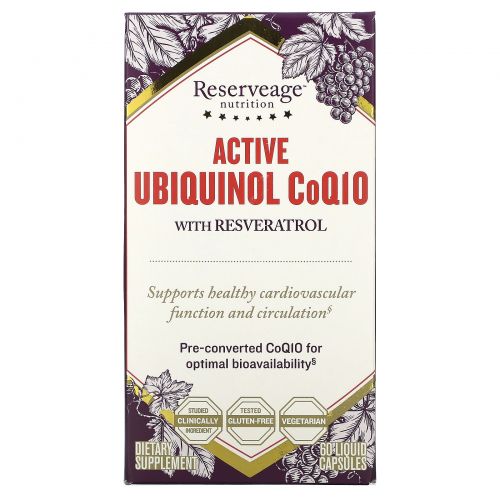 ReserveAge Nutrition, Активный убихинол CoQ10, ресвератрол, 60 капсул