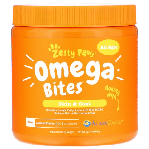 Zesty Paws, Omega Bites, For Pets, Skin & Coat Support, Chicken Flavor, 90 Soft Chews