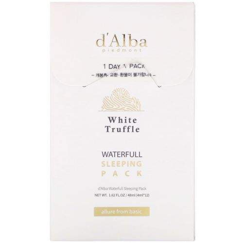 d'Alba, White Truffle, Waterfull Sleeping Pack, ночная маска для лица с белым трюфелем, 48 мл (1,62 жидк. унции)