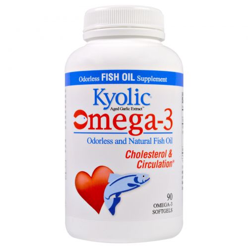 Wakunaga - Kyolic, Омега-3, выдержанный экстракт чеснока, улучшение холестеринового баланса и кровообращения, 90 мягких капсул