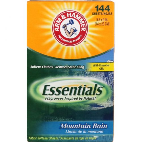 Arm & Hammer, Essentials, салфетки для смягчения ткани, горный дождь, 144 салфетки