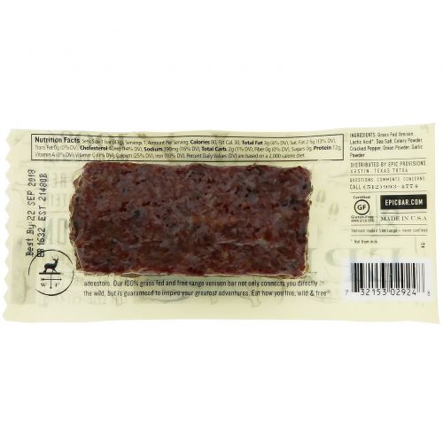 Epic Bar, Venison Sea Salt Pepper Bar, 12 Bars, 1.5 oz (43 g) Each