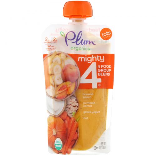 Plum Organics, Mighty 4, для малышей, Питательная смесь из 4 групп еды, тыква, морковь, банан, гранат, греческий йогурт, квиноа и овес, 4 унц. (113 г)