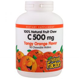 Natural Factors, Витамин C 500 мг, терпкий апельсиновый вкус, 90 жевательных пластинок