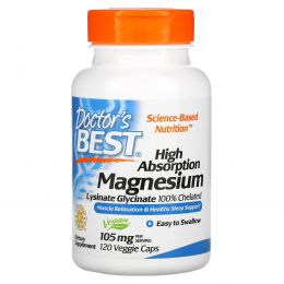 Doctor's Best, High Absorption Magnesium, 100% Chelated with Lysinate Glycinate , 105 mg , 120 Veggie Caps