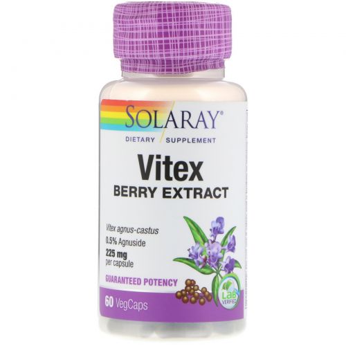 Solaray, Витэкс, экстракт витекса, 225 мг, 60 легкопроглатываемых капсул