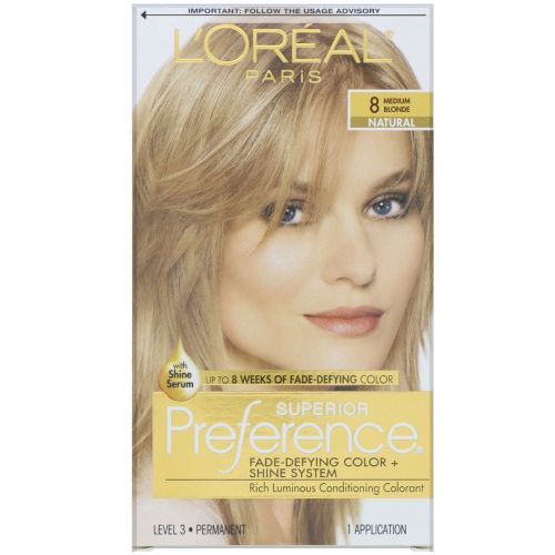 L'Oreal, Краска для волос Superior Preference с технологией против вымывания цвета и системой придания сияния, натуральный, средний блонд 8, на 1 применение