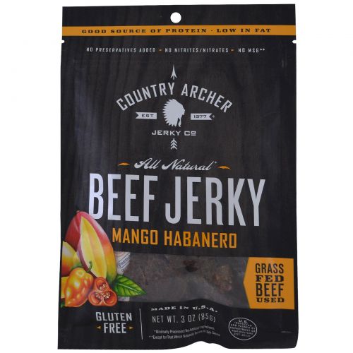 Country Archer Jerky, Абсолютно натуральная вяленая говядина, манго, хабанеро, 3 унц. (85 г)