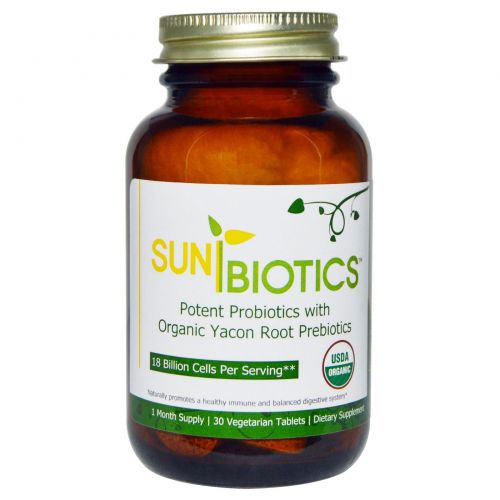 Sunbiotics, Organic,  высокоэффективные пробиотики с органическими пребиотиками корня якон, 30 растительных таблеток