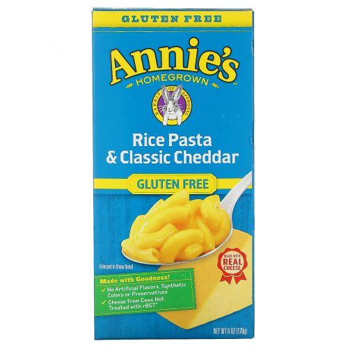 Annie's Homegrown, Расовая паста и чеддер, без глютена, Макароны и сыр, 6 унций (170 г)