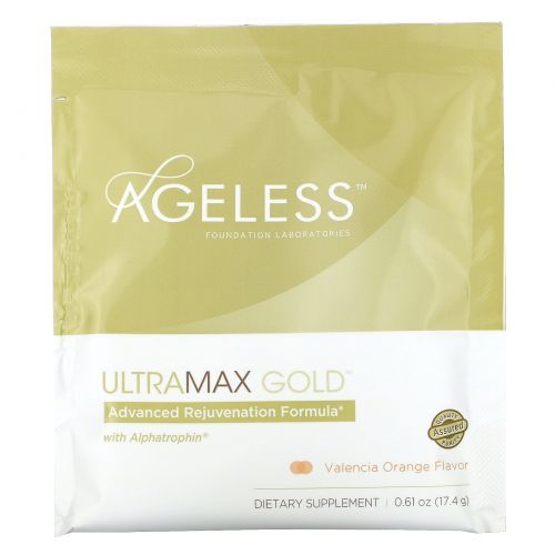 Ageless Foundation Laboratories, UltraMax Gold, улучшенная формула омоложения с альфатрофином, со вкусом валенсийского апельсина, 22 пакетика, 13,5 унции (17,4 г) каждый