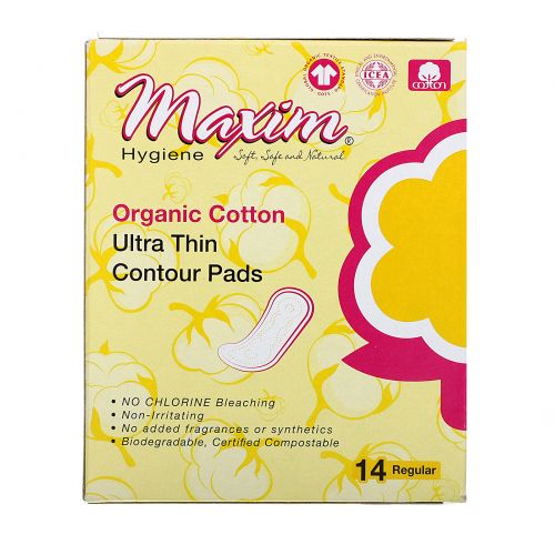 Maxim Hygiene Products, Organic Cotton Ultra Thin Contour Pads, Regular, 14 Count