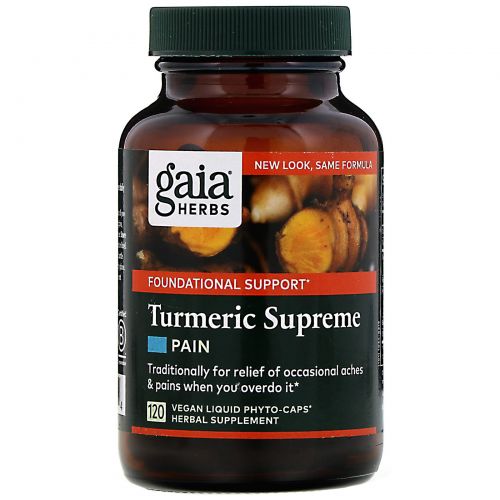 Gaia Herbs, Turmeric Supreme, против боли , 120 вегетарианских гелевых фито-капсул