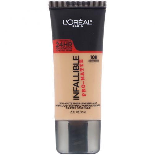 L'Oreal, Тональная основа Infallible Pro-Matte, оттенок карамельный бежевый 108, 30 мл