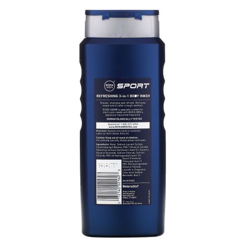 Nivea, Men, Refreshing 3-in-1 Body Wash, Shampoo, Sport, 16.9 fl oz (500 ml)